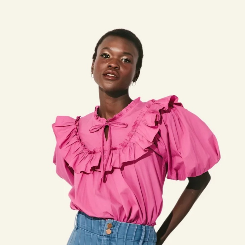 Cleobella Tie Janet Puff Sleeve Frilly Ruffle Top Sz XS